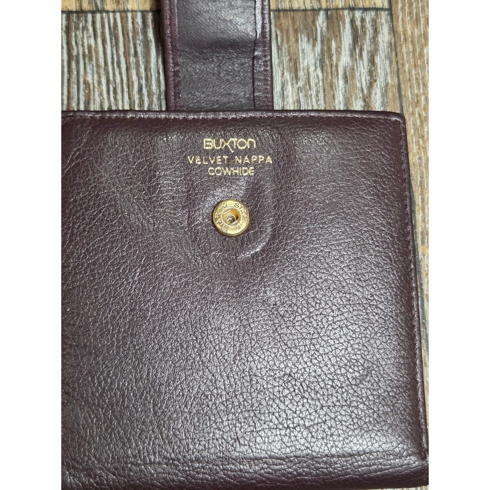 Buxton Velvet Nappa Cowhide Leather Bifold Wallet Burgundy Snap Tab Coin Pocket - Picture 3 of 5